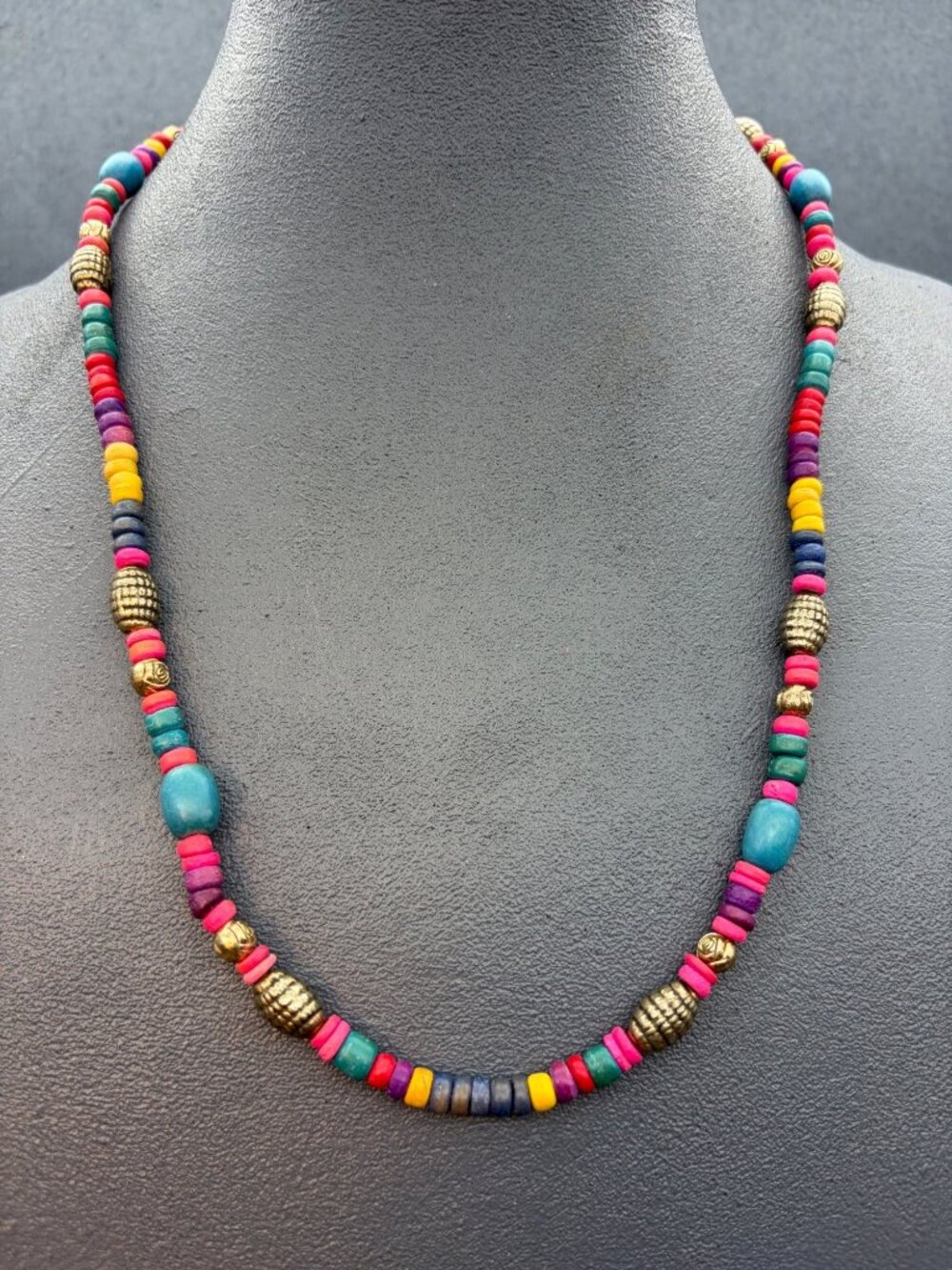 Colorful Bead Necklace 24 In Multicolor Gold Textured Tribal Hippie Boho Festiva
